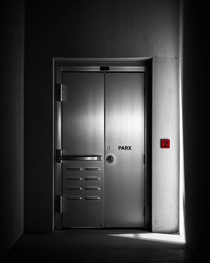 Certified steel fire-rated door in a concrete corridor